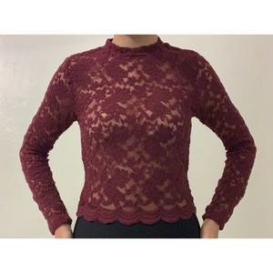 Maroon Lace See-Through Rose-Design Top.